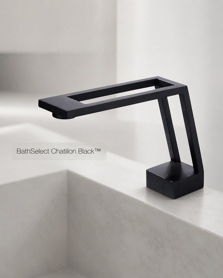 BathSelect Chatillon Black matte black touchless faucet displayed on a clean white bathroom countertop with a subtle minimalist background